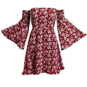 ONEYIM Burgundy Floral Print Long Sleeve Off The Shoulder Summer Dress